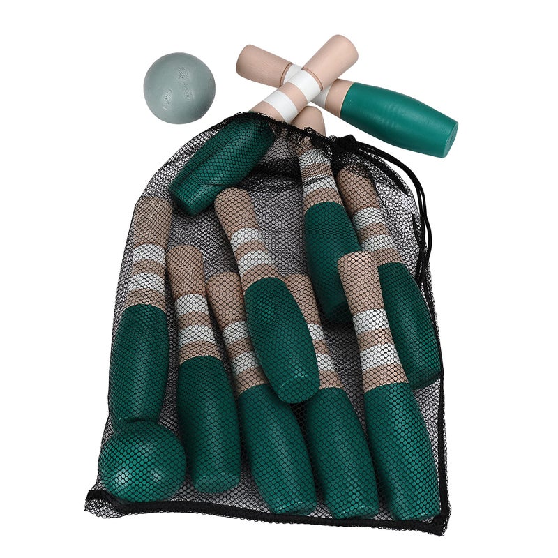 Sterling Sports Wooden Lawn Bowling 9" Skittles Set with Carrying Mesh Bag for Indoors and Outdoors - 10 Wooden Pins and 2 Balls, Green/Turquoise and Gray - Image 4